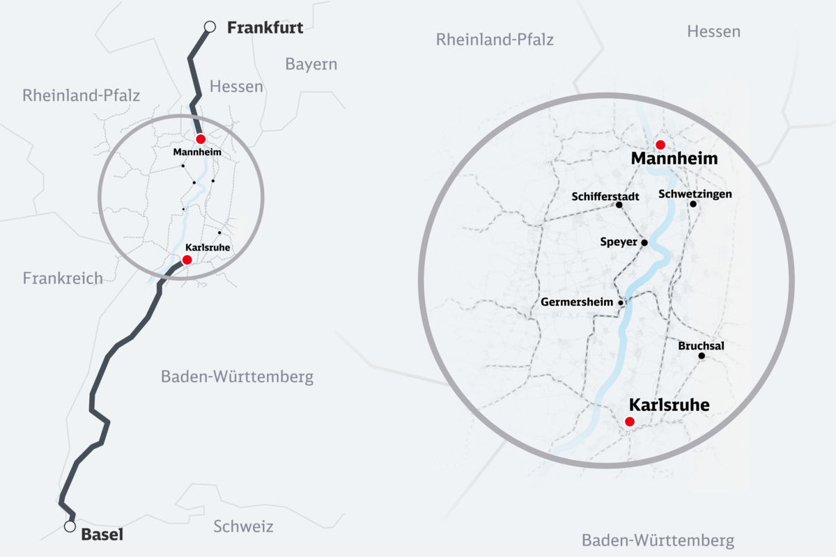 Das Bahnprojekt Mannheim-Karlsruhe in der geografischen Übersicht